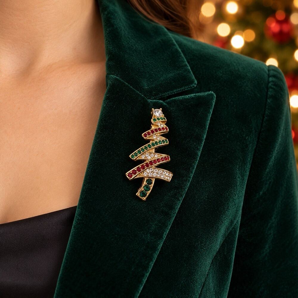 Vintage Signed Monet Christmas Tree Brooch Red Green Rhinestones Gold Tone